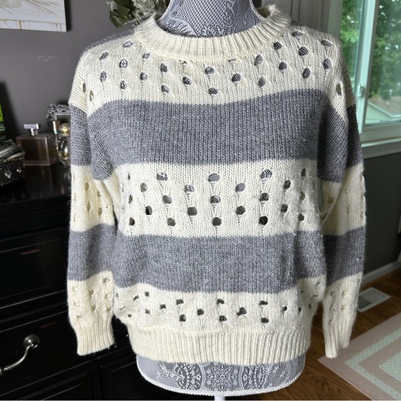 Lush Open Knit Striped Sweater S Soft Cream & Charcoal Coastal Grandma Pullover - Picture 2 of 14